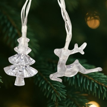 Zewnętrzna girlanda LED 20 diod, zasilanie 2×AA, długość 2,2 m, IP44, wielokolorowa — ozdoby w kształcie choinek i reniferów