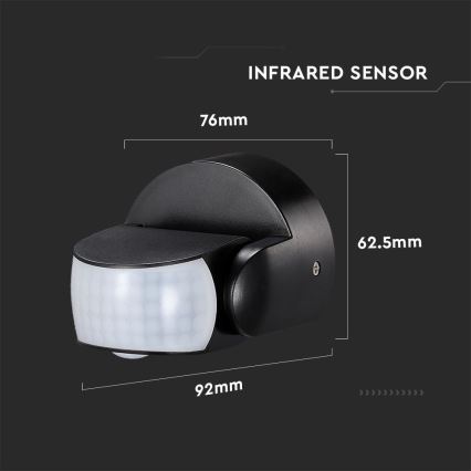 Zewnętrzny czujnik ruchu na podczerwień 180/360° 600W/230V IP65 czarny