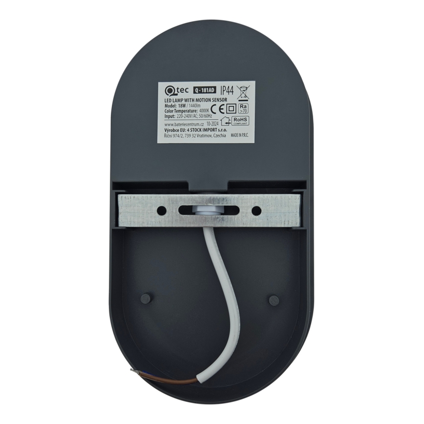Zewnętrzny kinkiet LED z czujnikiem ruchu, 18W, 230V, IP44, antracyt