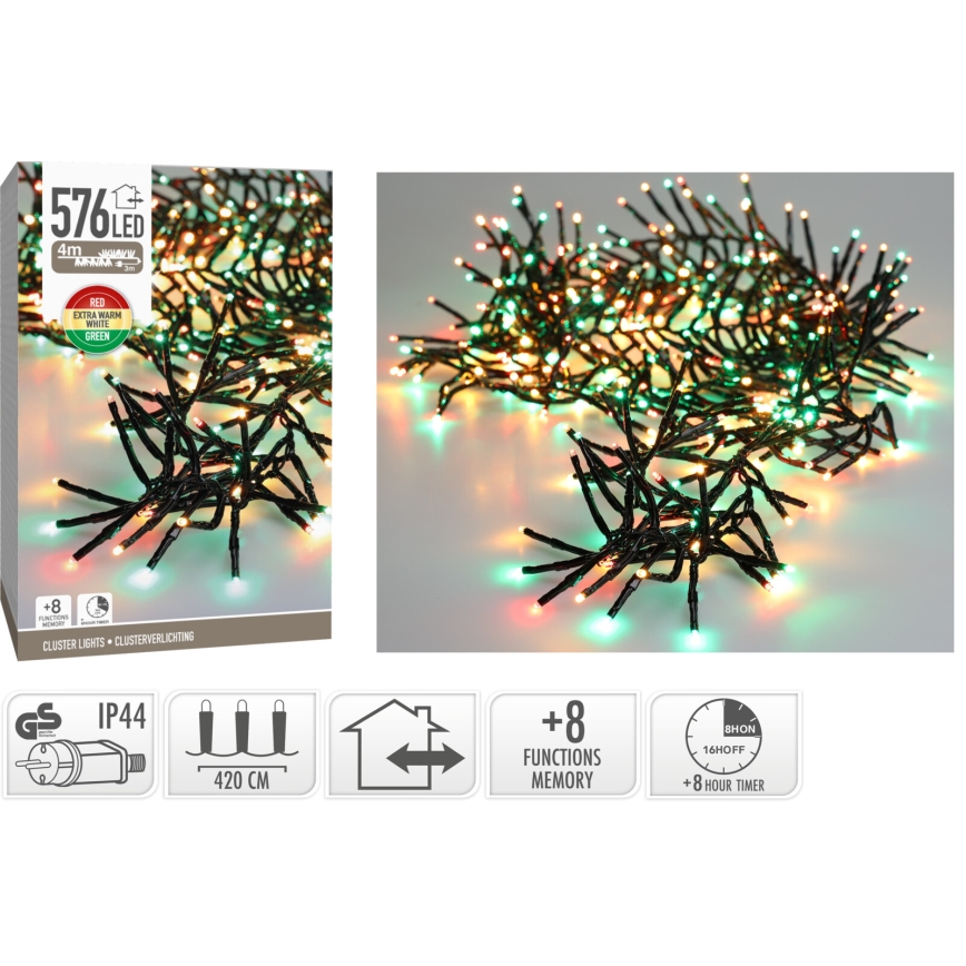 Zewnętrzny łańcuch świąteczny 576 diod LED/230 V/8 trybów 7,2 m IP44 wielokolorowy