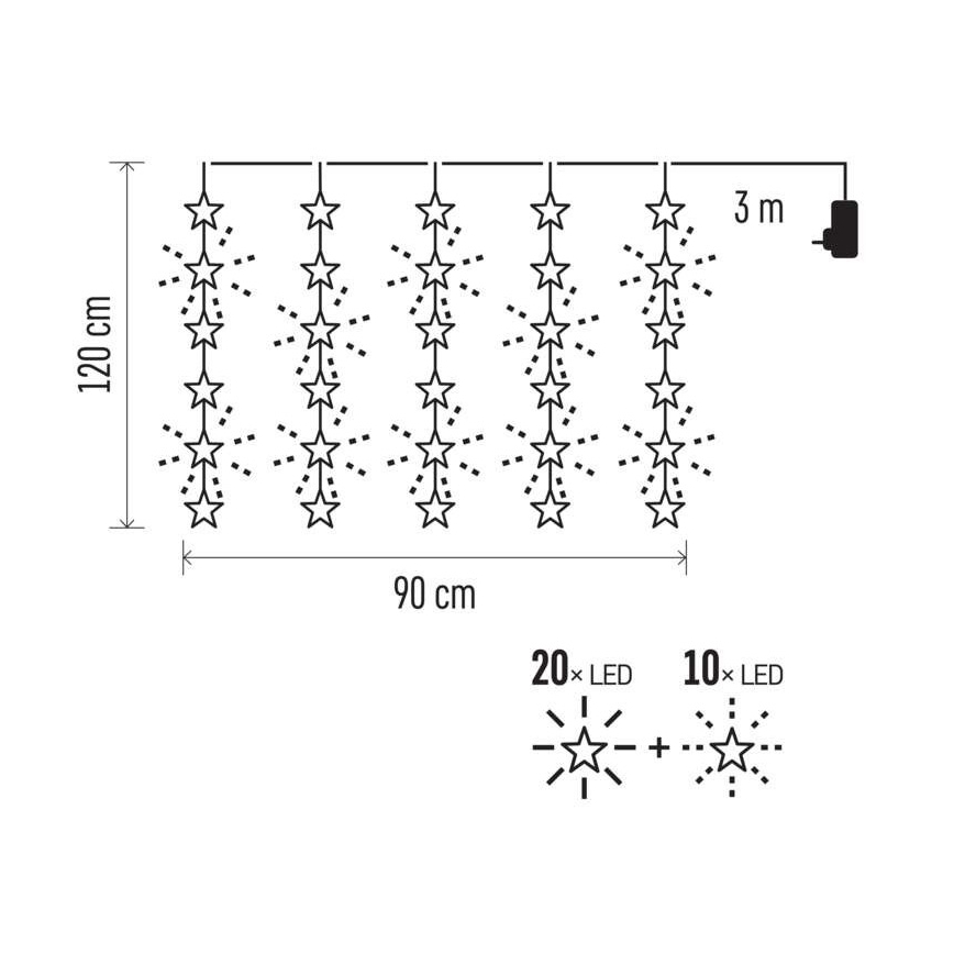 Zewnętrzny łańcuch świetlny LED, 30 diod LED, 3,9 m, IP44 — gwiazdki