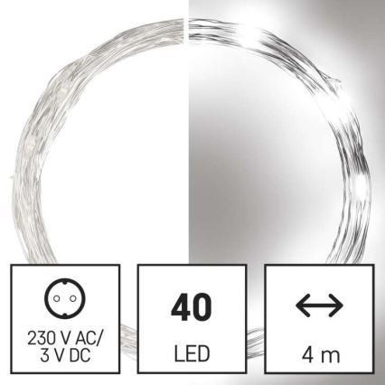 Zewnętrzny łańcuch świetlny LED 40xLED/9m IP44, zimna biel