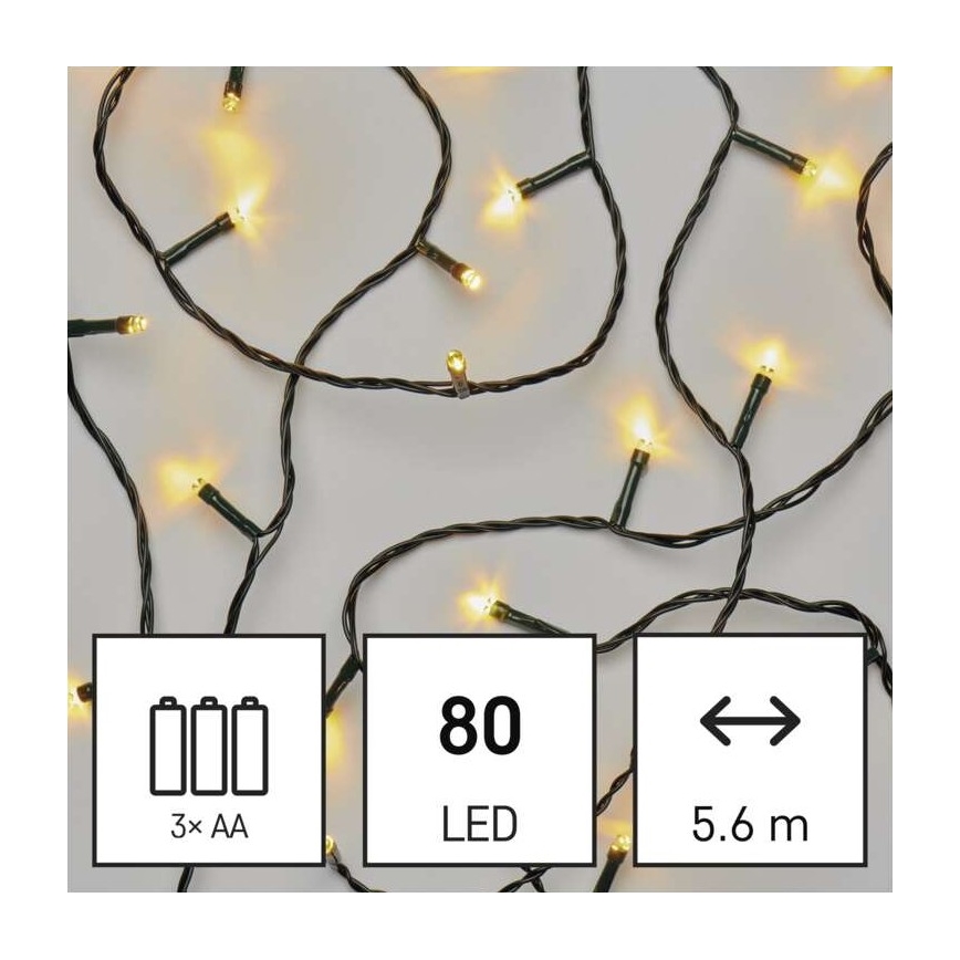 Zewnętrzny łańcuch świetlny LED, 80 diod, zasilanie 3xAA, długość 6,1 m, IP44, ciepła biel