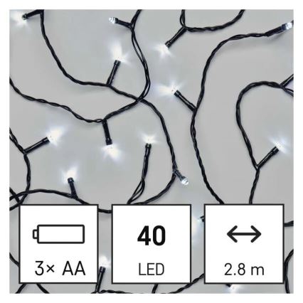 Zewnętrzny łańcuch świetlny LED — 40 diod, zasilanie 3×AA, długość 3,3 m, IP44, zimna biel