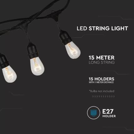 Zewnętrzny łańcuch świetlny STRING 15m 15xE27/25W/230V IP54