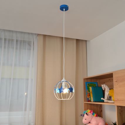 Żyrandol dziecięcy na lince STARS 1xE27/15W/230V niebieski/biały