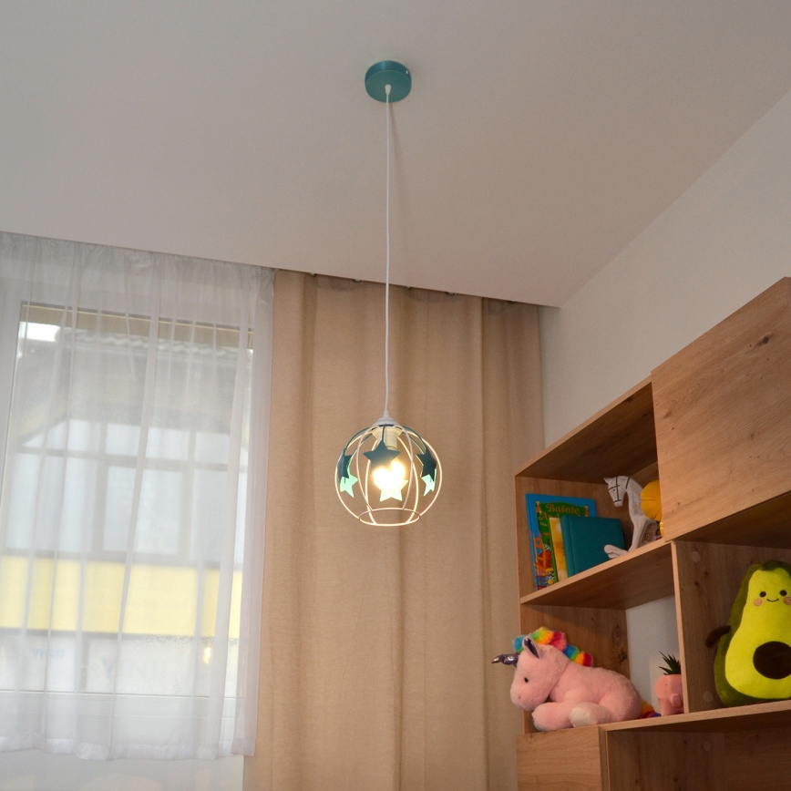 Żyrandol dziecięcy na lince STARS 1xE27/15W/230V turkusowy/biały