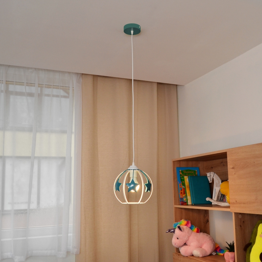 Żyrandol dziecięcy na lince STARS 1xE27/15W/230V turkusowy/biały