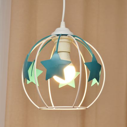 Żyrandol dziecięcy na lince STARS 1xE27/15W/230V turkusowy/biały
