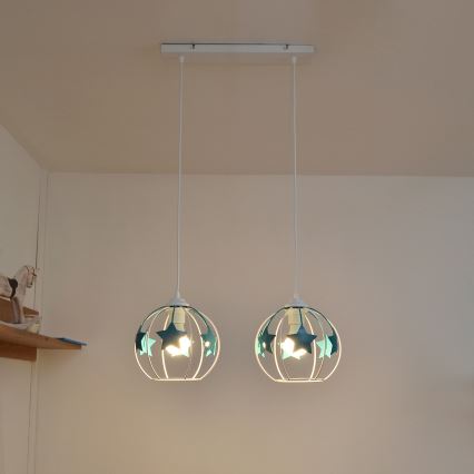 Żyrandol dziecięcy na lince STARS 2xE27/15W/230V turkusowy/biały