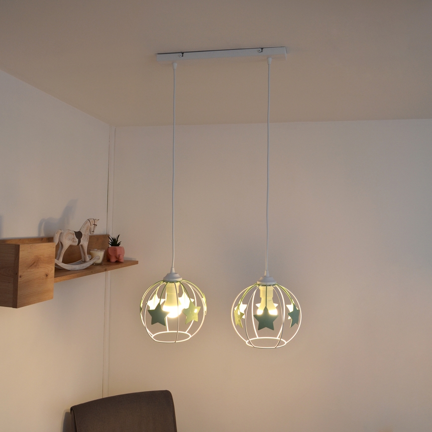 Żyrandol dziecięcy na lince STARS 2xE27/15W/230V zielony/biały