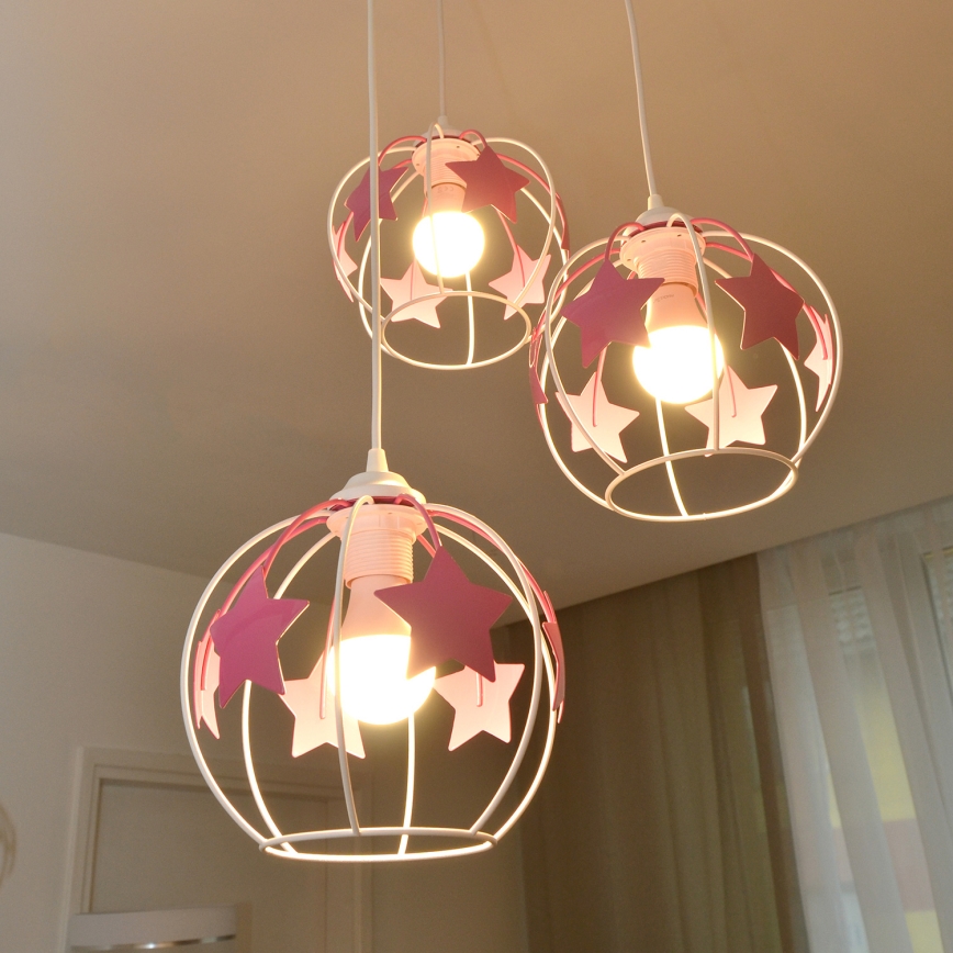 Żyrandol dziecięcy na lince STARS 3xE27/15W/230V różowy/biały