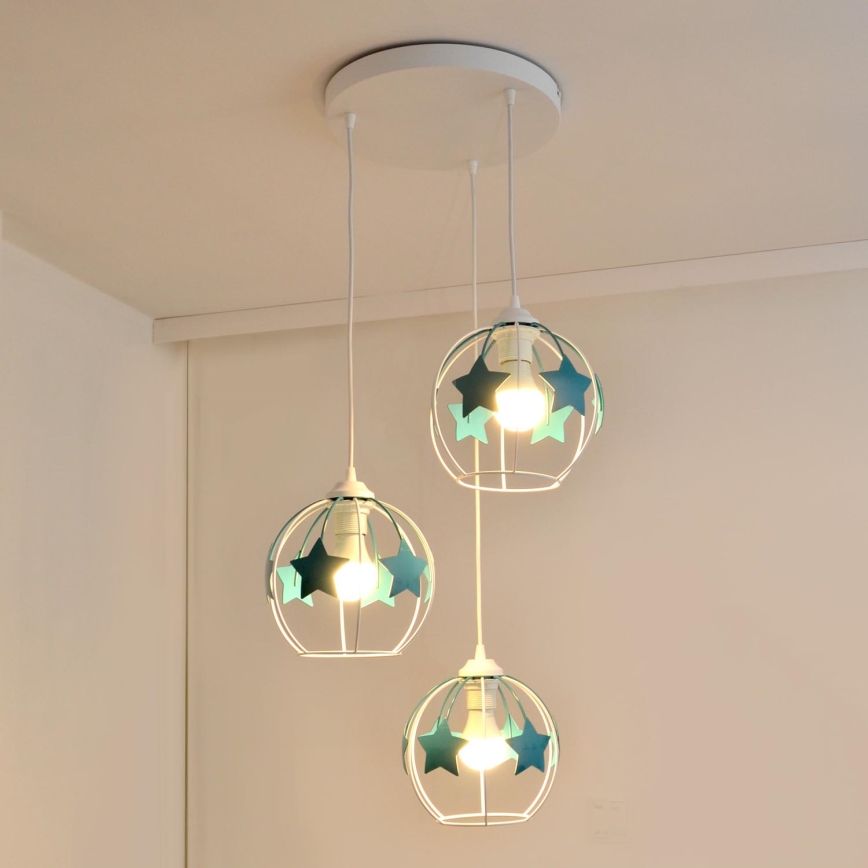 Żyrandol dziecięcy na lince STARS 3xE27/15W/230V turkusowy/biały