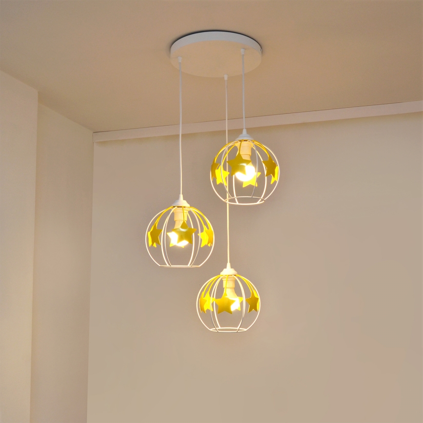 Żyrandol dziecięcy na lince STARS 3xE27/15W/230V żółty/biały