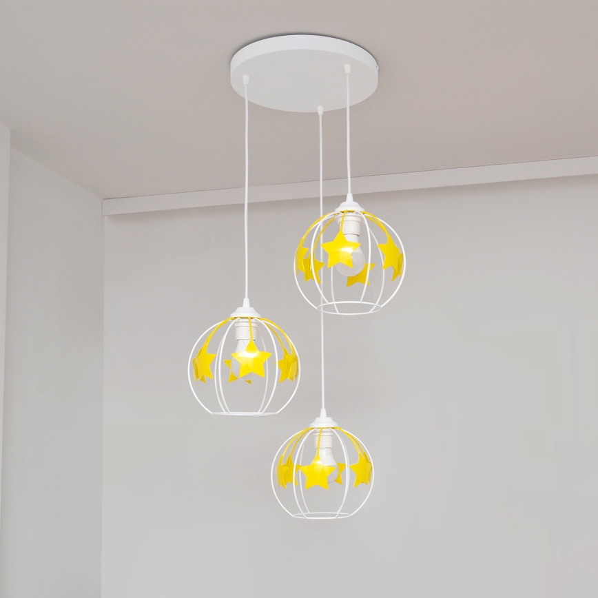 Żyrandol dziecięcy na lince STARS 3xE27/15W/230V żółty/biały
