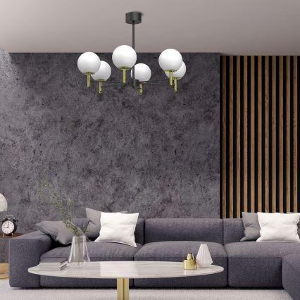 Żyrandol na drążku AWINION 6xE27/15W/230V biały/złoty/czarny