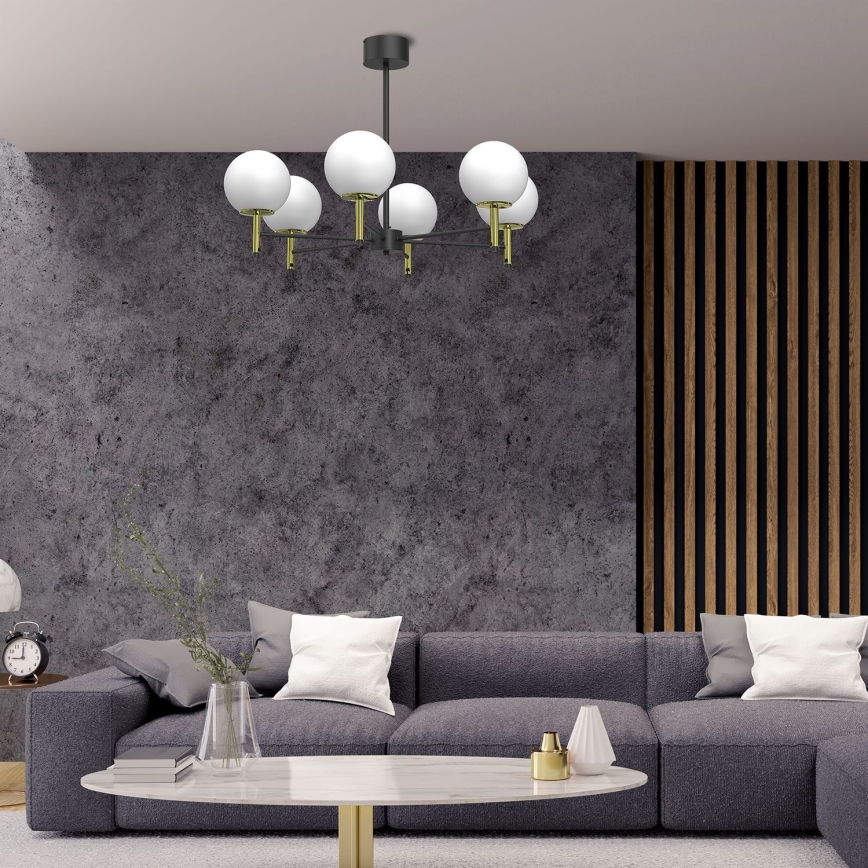 Żyrandol na drążku AWINION 6xE27/15W/230V biały/złoty/czarny