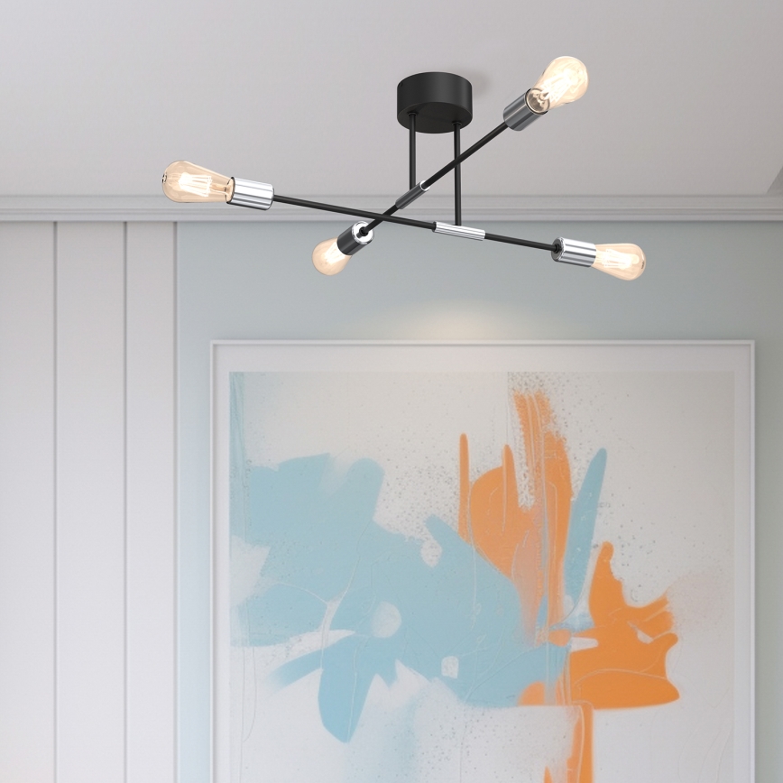 Żyrandol na drążku FLAME 4xE27/60W/230V czarny/chrom błyszczący