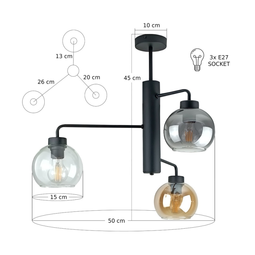 Żyrandol na drążku FLEX 3xE27/60W/230V czarny/dym czarny/dym beżowy/przezroczysty