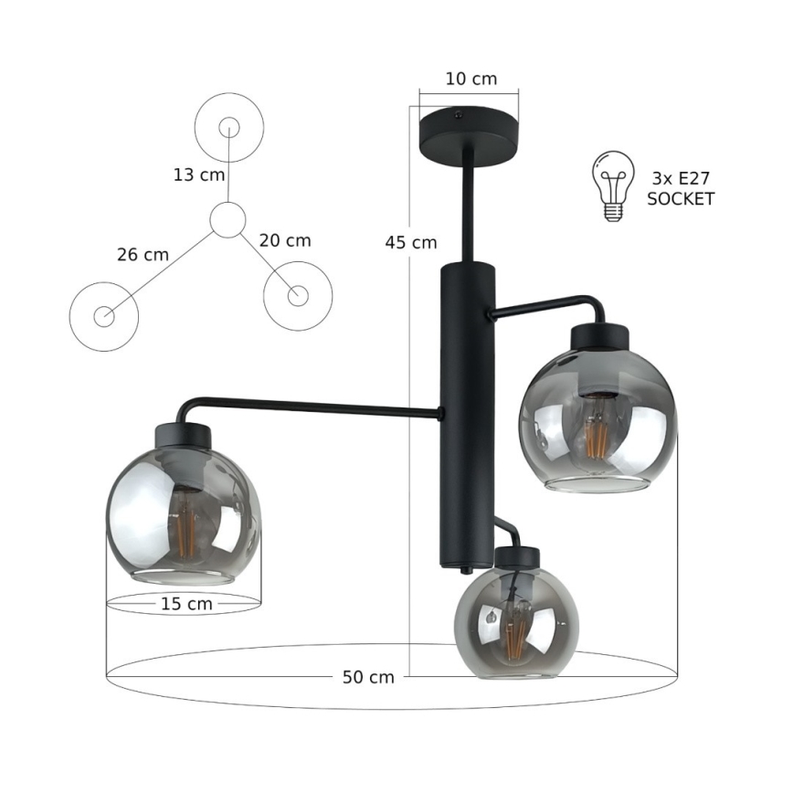 Żyrandol na drążku FLEX 3xE27/60W/230V czarny/dymny czarny