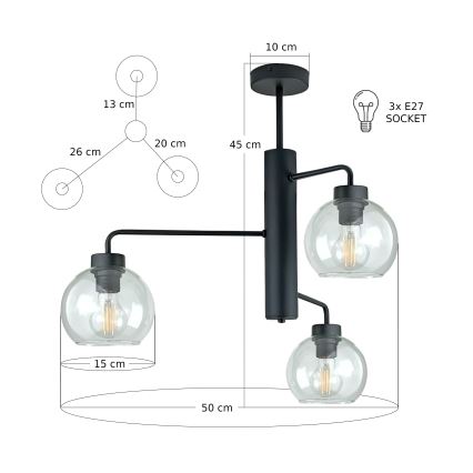 Żyrandol na drążku FLEX 3xE27/60W/230V czarny/przezroczysty