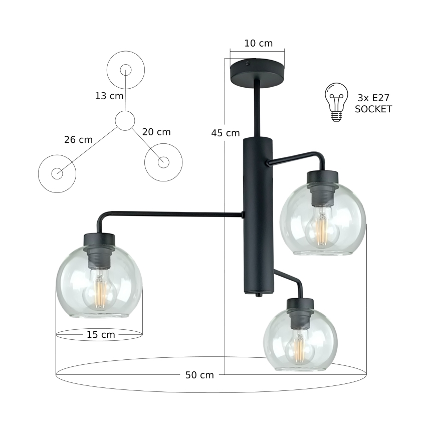 Żyrandol na drążku FLEX 3xE27/60W/230V czarny/przezroczysty