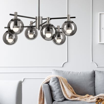 Żyrandol na drążku LILOU 6xE14/5W/230V matowy chrom/dymny