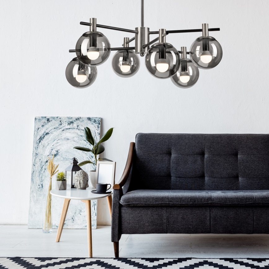 Żyrandol na drążku LILOU 6xE14/5W/230V matowy chrom/dymny