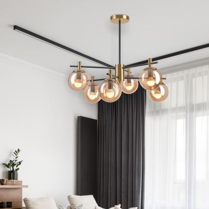 Żyrandol na drążku LILOU 6xE14/5W/230V złoty/czarny/dym beżowy