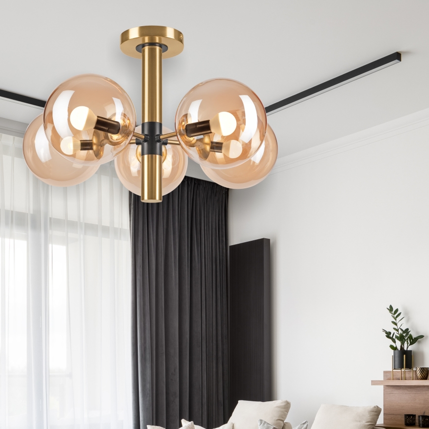 Żyrandol na drążku ROLLO 5xE14/5W/230V złoty/dymny beżowy