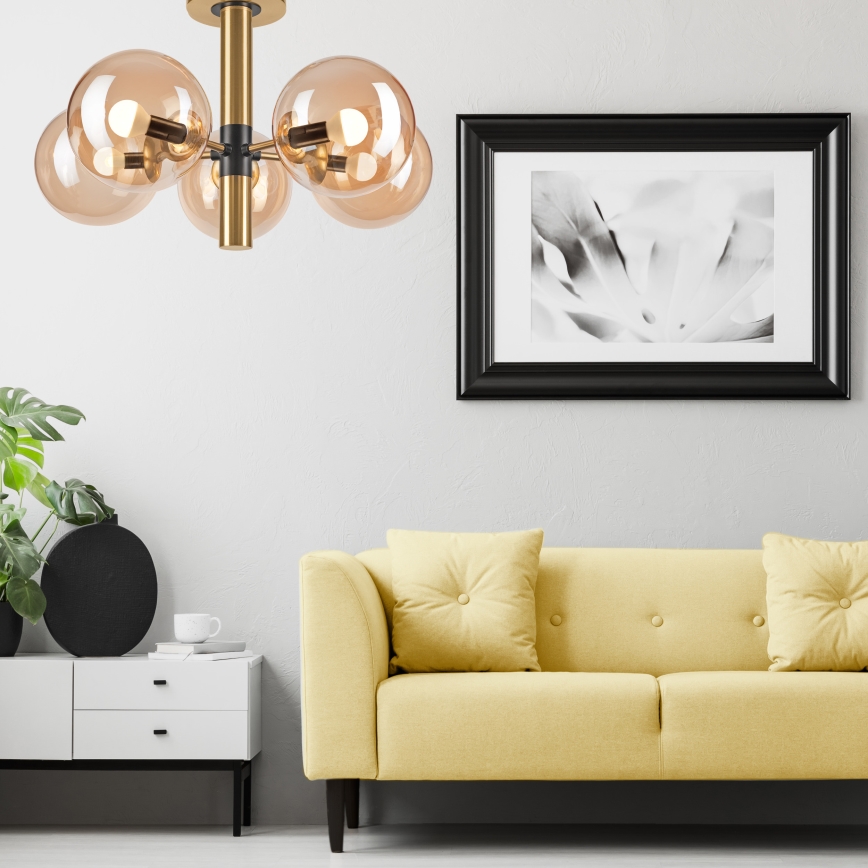 Żyrandol na drążku ROLLO 5xE14/5W/230V złoty/dymny beżowy