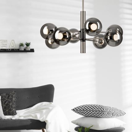 Żyrandol na drążku ROLLO 8xE14/5W/230V matowy chrom/dymny
