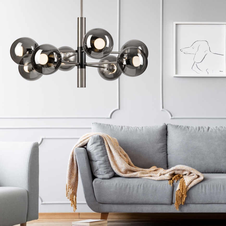 Żyrandol na drążku ROLLO 8xE14/5W/230V matowy chrom/dymny