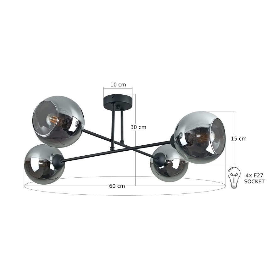 Żyrandol na drążku VASCO 4xE27/60W/230V czarny/dymny czarny