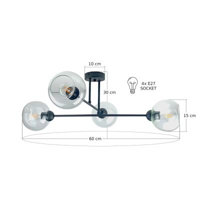 Żyrandol na drążku VASCO 4xE27/60W/230V czarny/przezroczysty