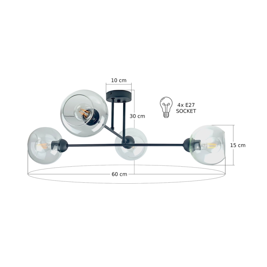 Żyrandol na drążku VASCO 4xE27/60W/230V czarny/przezroczysty