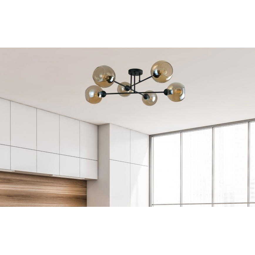 Żyrandol na drążku VASCO 6xE27/60W/230V czarny/dymny beżowy