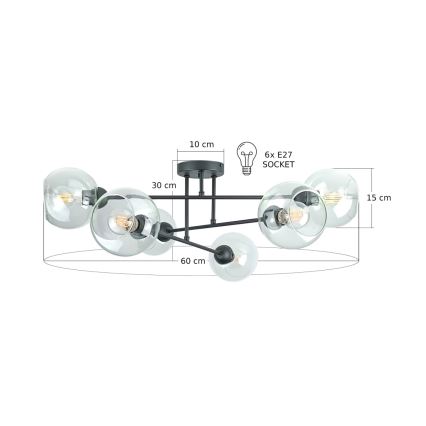 Żyrandol na drążku VASCO 6xE27/60W/230V czarny/przezroczysty