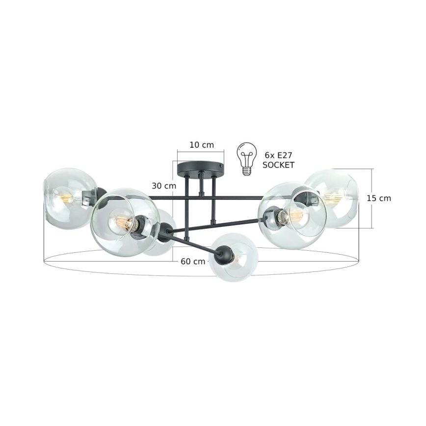 Żyrandol na drążku VASCO 6xE27/60W/230V czarny/przezroczysty