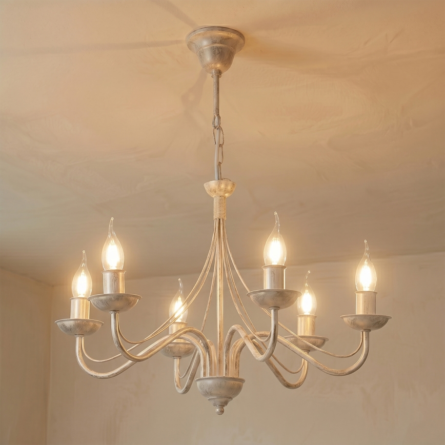 Żyrandol na łańcuchu ANTON 6xE14/60W/230V biała patyna