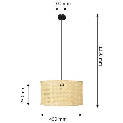 Żyrandol na lince ALBA 1xE27/15W/230V śr. 45 cm rattan/czarne