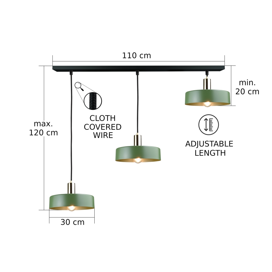 Żyrandol na lince HAKI 3xE27/60W/230V zielony/czarny/chrom błyszczący