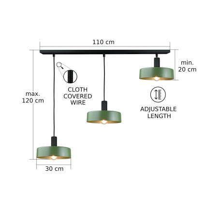 Żyrandol na lince HAKI 3xE27/60W/230V zielony/czarny