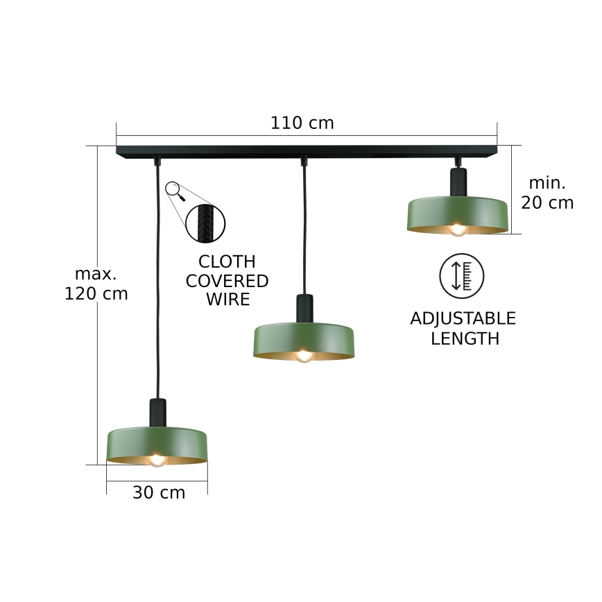 Żyrandol na lince HAKI 3xE27/60W/230V zielony/czarny
