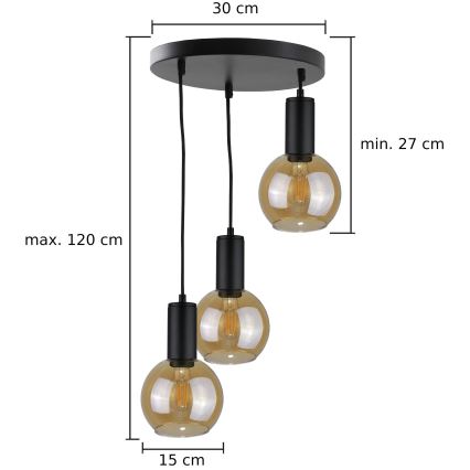 Żyrandol na lince JANTAR BLACK 3xE27/60W/230V śr. 30 cm