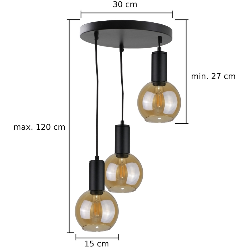 Żyrandol na lince JANTAR BLACK 3xE27/60W/230V śr. 30 cm