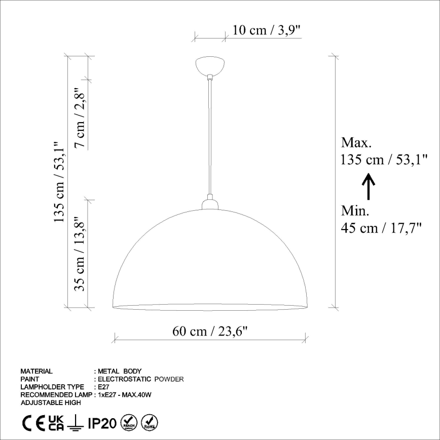 Żyrandol na lince KURE 1xE27/40W/230V śr. 60 cm szary