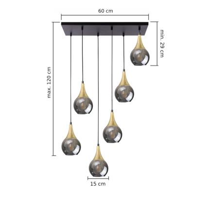 Żyrandol na lince LACRIMA SMOKY 6xE27/60W/230V czarny/zl./dym czarny