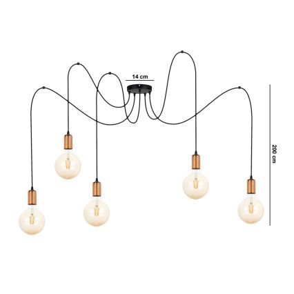 Żyrandol na lince MIROS 5xE27/60W/230V pająk czarny/miedź