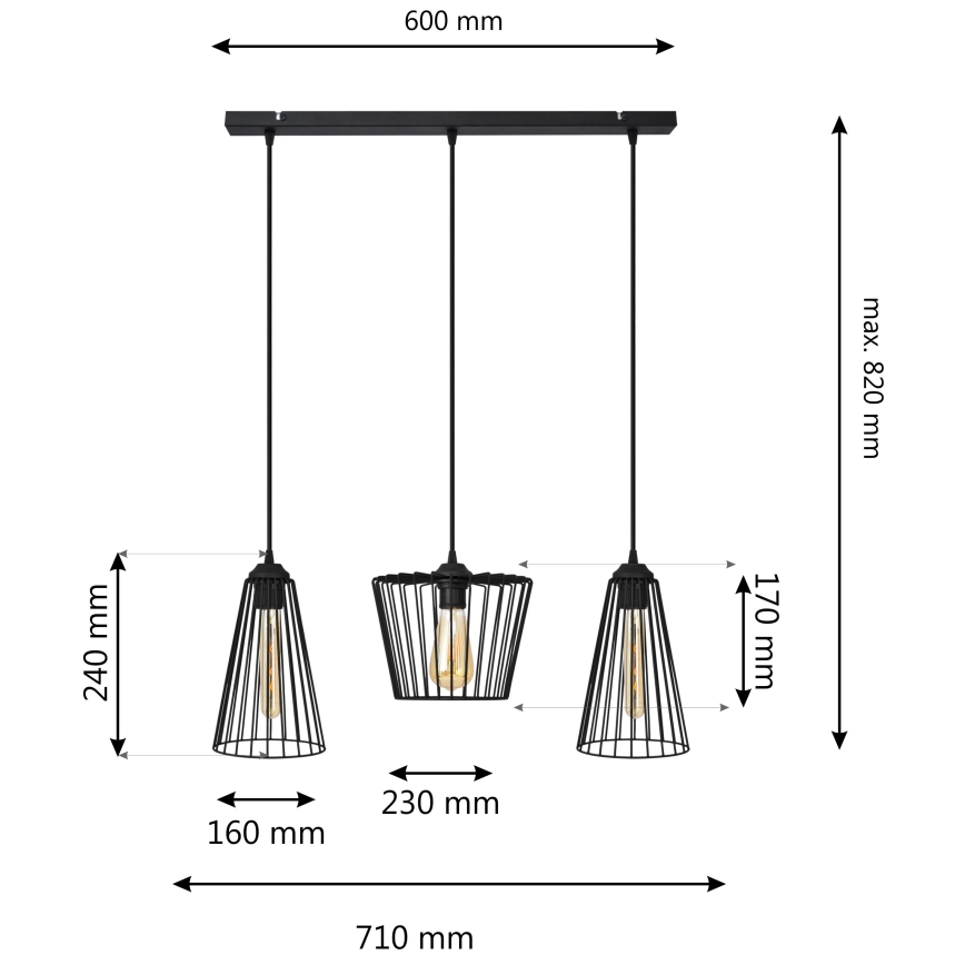 Żyrandol na lince TORRI 3xE27/15W/230V czarny